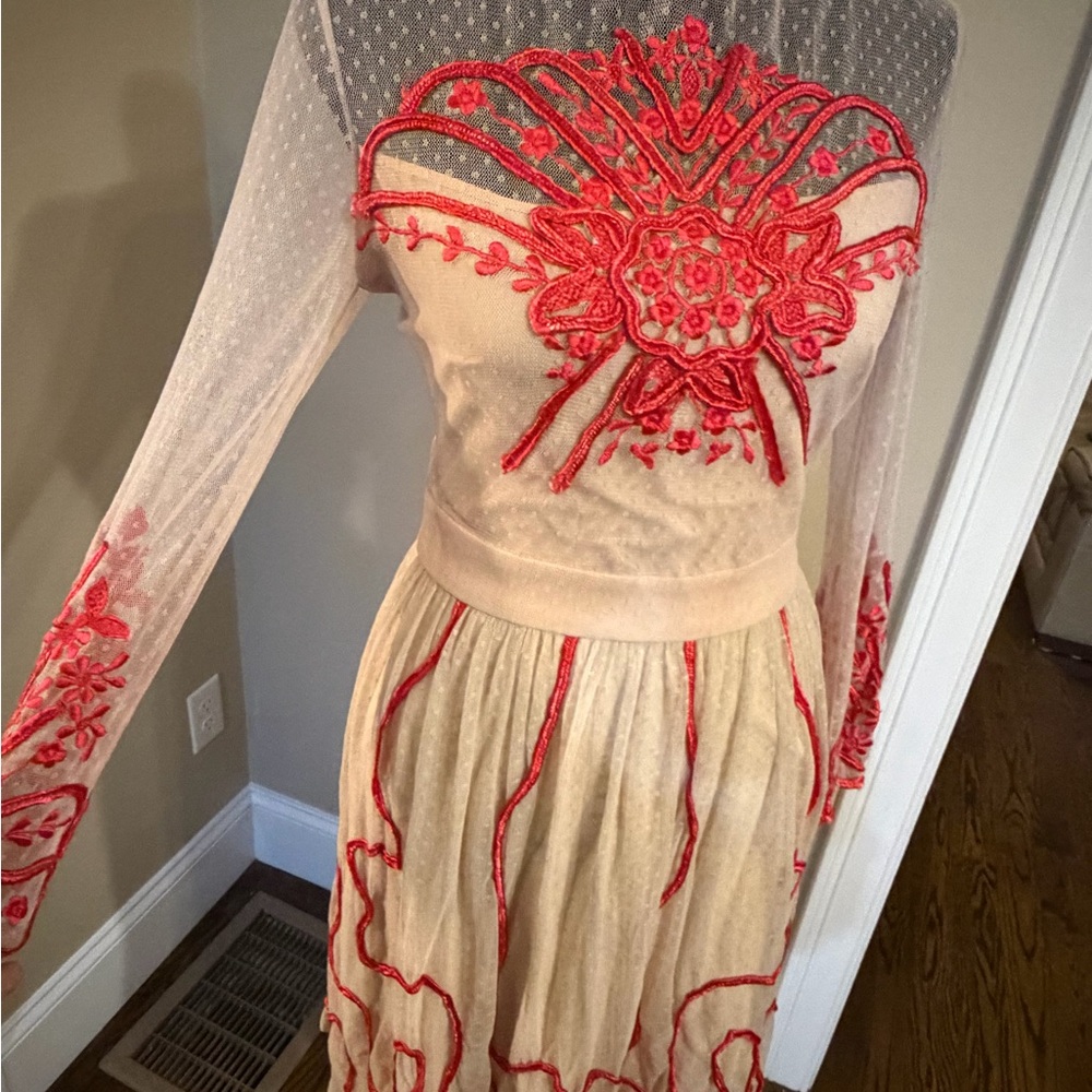 Romantic Nude Alice by Temperly Dress with Red Embroidery - Picture 4 of 11